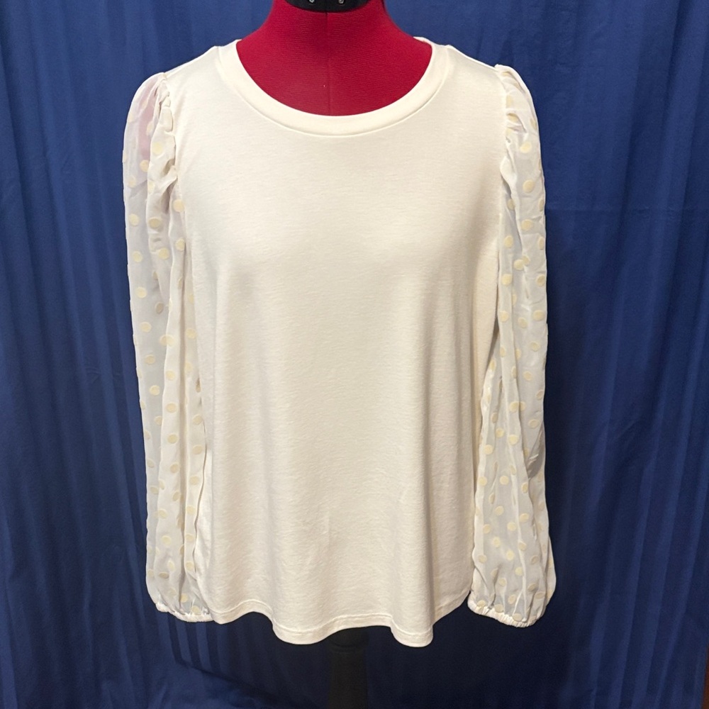LOFT Cream Sweater Blouse with Sheer Polka Dot Sleeves
